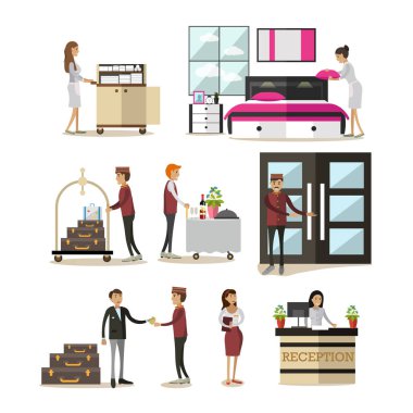 Otel halkı, çizgi film karakterleri vektör düz Icons set