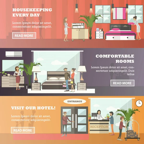 Conjunto vectorial de banners horizontales de hotel en estilo plano — Vector de stock