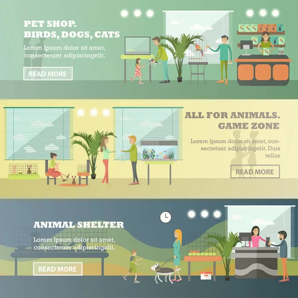 Set vettoriale di banner orizzontali per negozi di animali in stile piatto — Vettoriale Stock