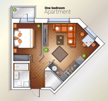 Vektör modern Tek Yatak Odalı Daire üstten görünüm çizim