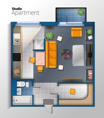 Vektör modern stüdyo daire üstten görünüm çizim