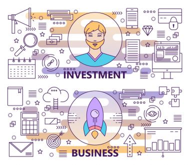 Vektör çağdaş ince çizgi yatırım ve iş afiş