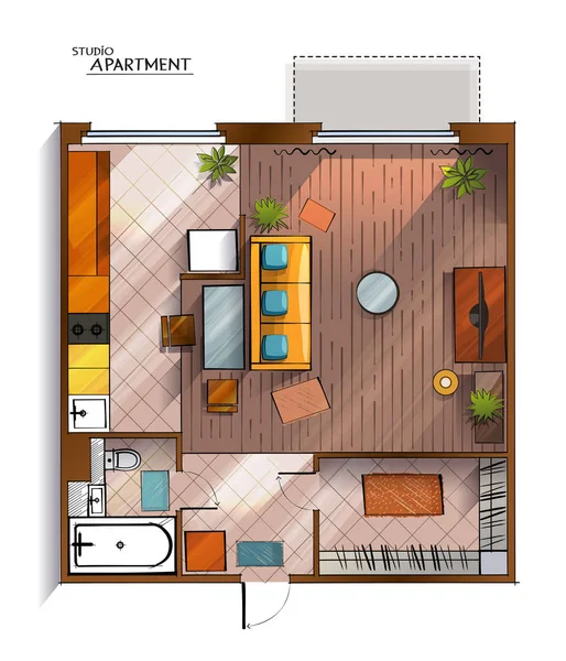 Vector moderno estúdio apartamento vista superior ilustração —  Vetores de Stock