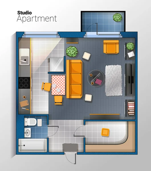 Vector moderno estúdio apartamento vista superior ilustração —  Vetores de Stock