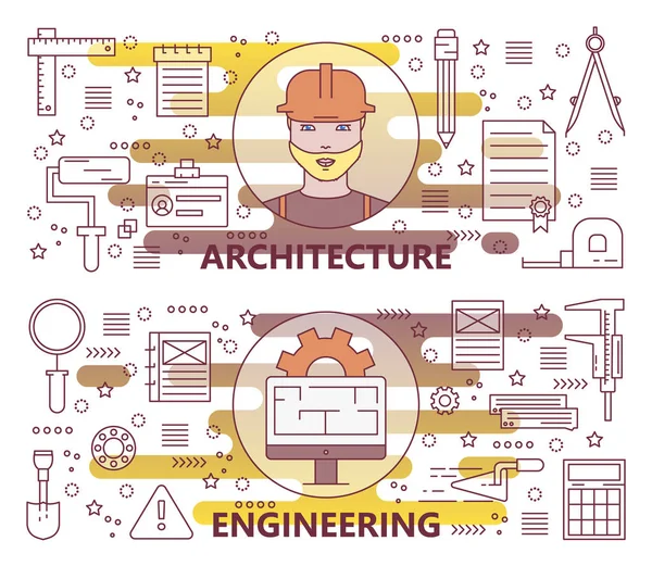 Conjunto vectorial de banners modernos de arquitectura e ingeniería de línea delgada — Archivo Imágenes Vectoriales