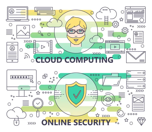 Vector moderne dunne lijn Cloud computing en Online veiligheid banners — Stockvector