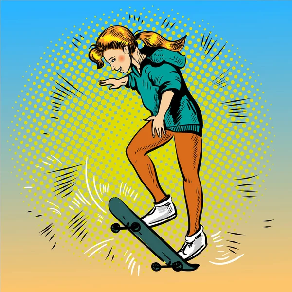 Popart vectorillustratie van meisje paardrijden skateboard — Stockvector