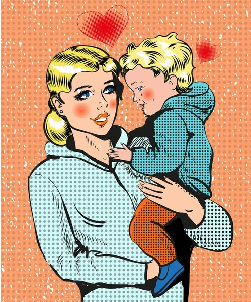 Vector pop art illustration of woman holding her child — Stock Vector