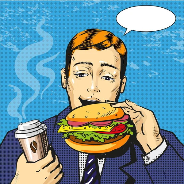 Arte pop vettoriale illustrazione dell'uomo che mangia hamburger — Vettoriale Stock