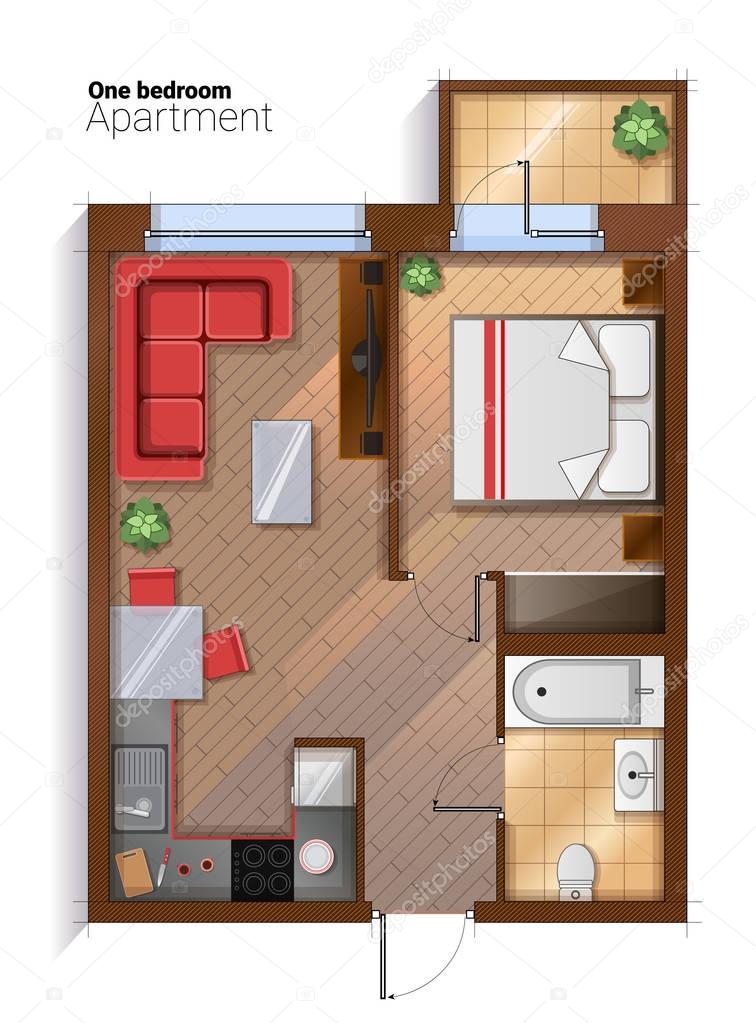 Vector modern one bedroom apartment top view illustration