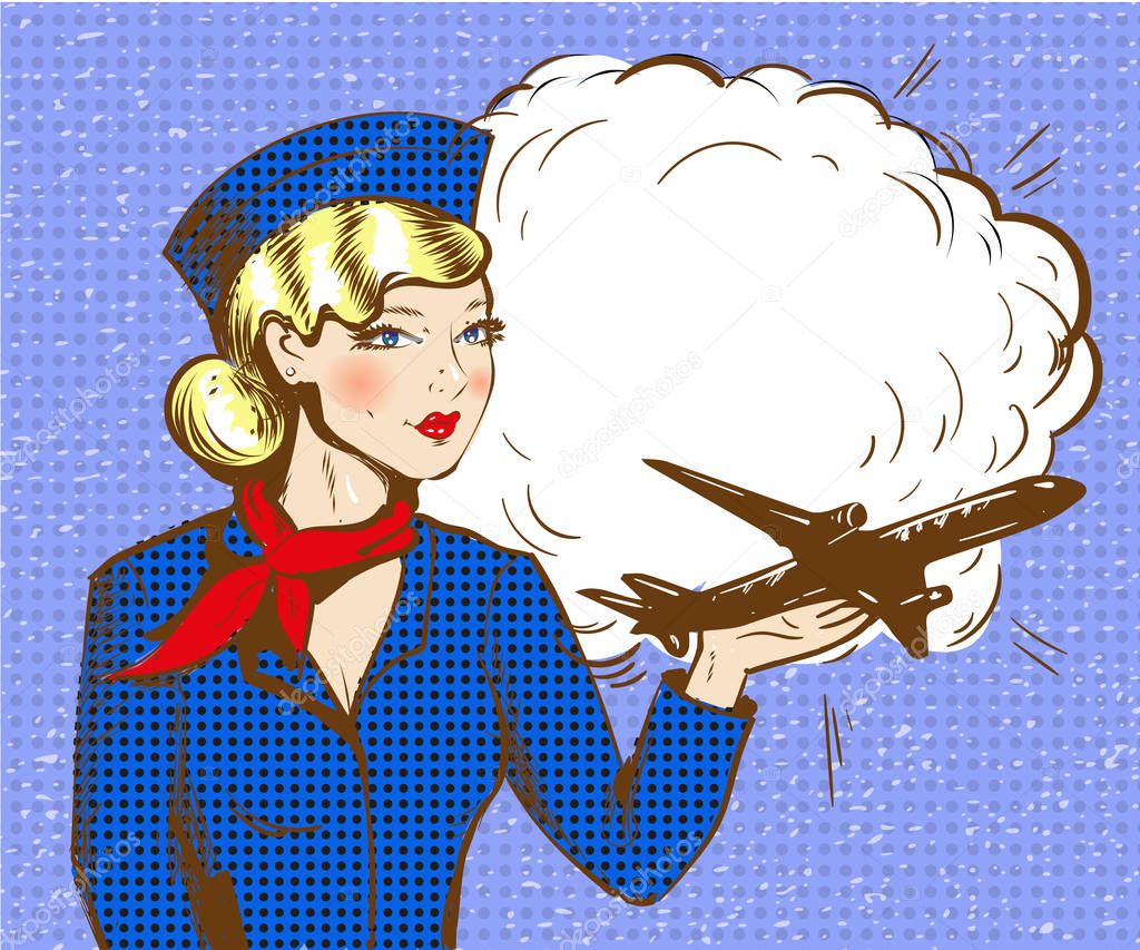 Vector pop art illustration of stewardess with airplane