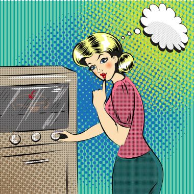 Vektör pop sanat çizim mutfakta güzel ev kadını