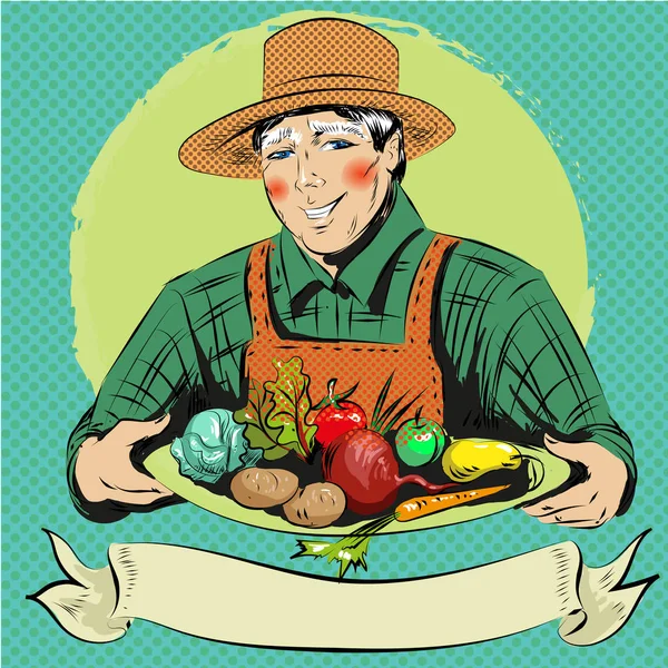 Vektor pop art illusztrációja boldog farmer zöldségekkel — Stock Vector