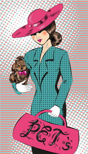 Vector pop art illustration av flicka i hatt med hund — Stock vektor