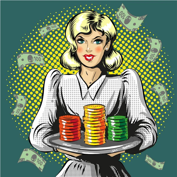 Vector pop art illustration of woman with gambling chips — Stock Vector