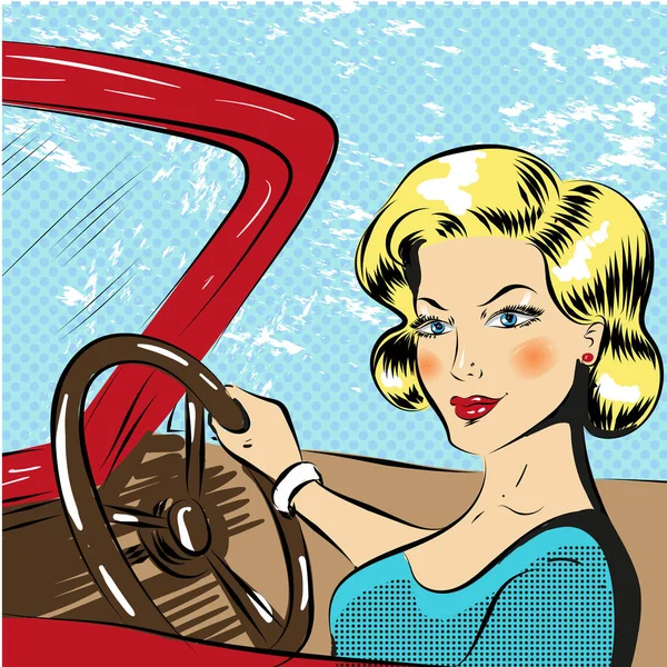 Vettoriale pop art illustrazione di donna guida cabriolet rosso — Vettoriale Stock