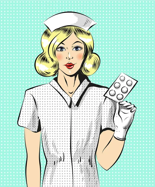 Vector pop art illustration of beautiful nurse with pills — Stock Vector