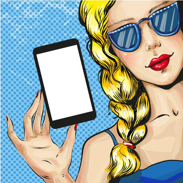 Vektor pop gambar seni wanita pirang dengan smartphone - Stok Vektor