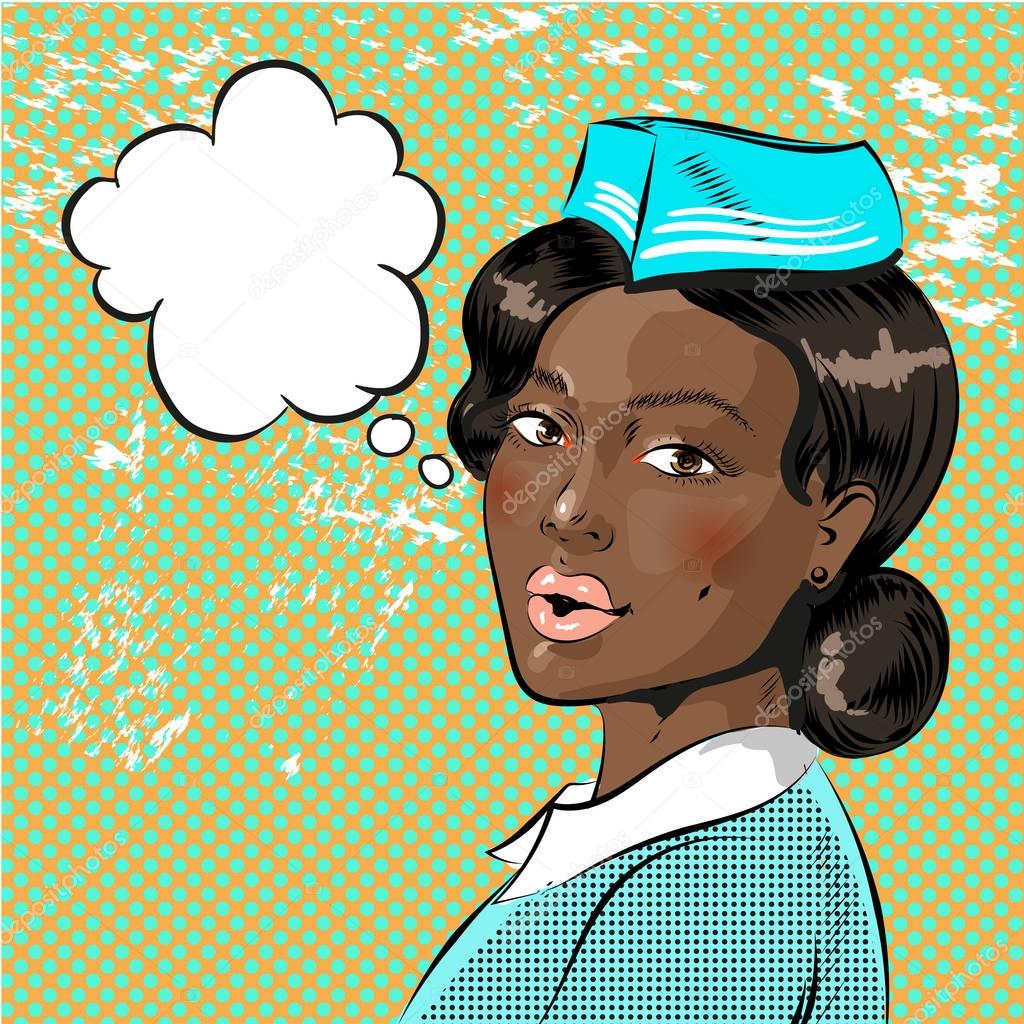 Vector pop art illustration of beautiful african american stewardess