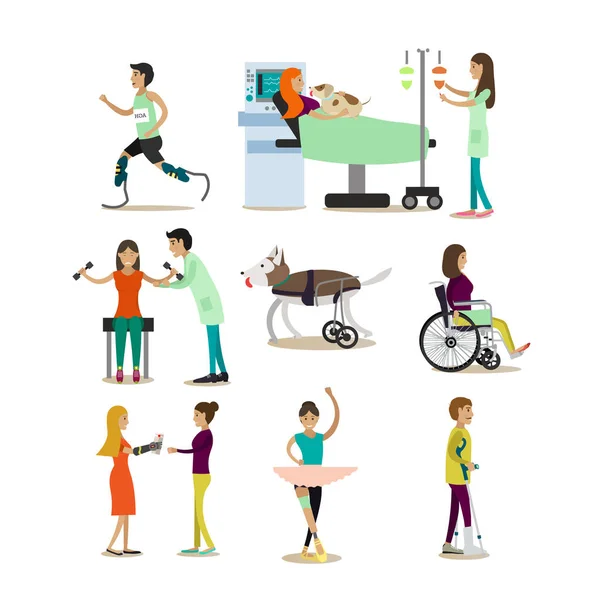 Conjunto de ícones de vetor plana de pessoal médico e pessoas com deficiência, animais de estimação — Vetor de Stock