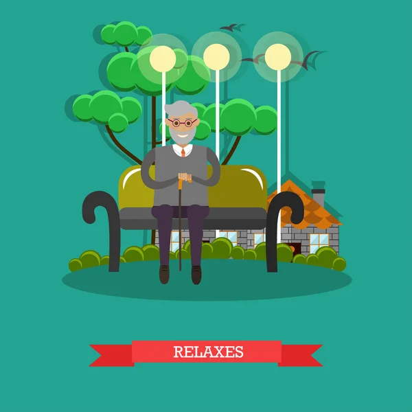 Hombre mayor que se relaja en la ilustración del vector del parque en estilo plano — Vector de stock