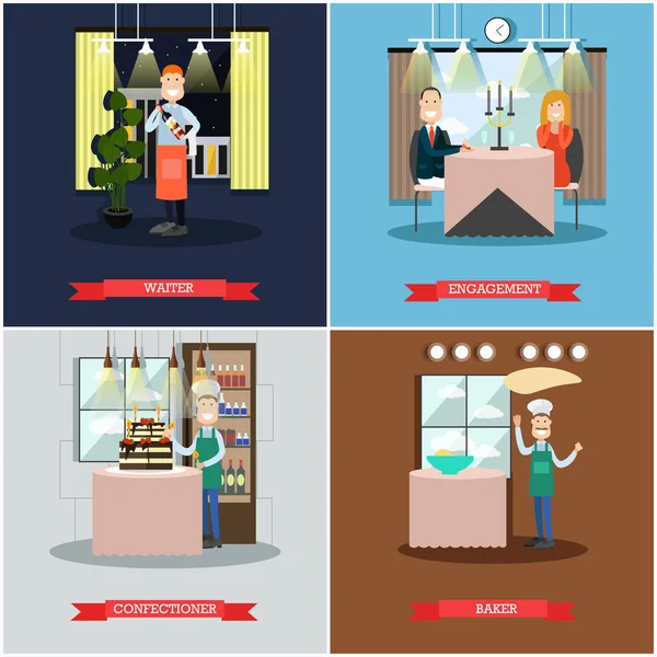Ensemble vectoriel de restaurant personnes affiches carrées dans le style plat — Image vectorielle