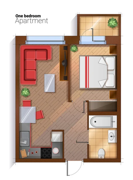 Vector moderno apartamento de un dormitorio vista superior ilustración — Vector de stock