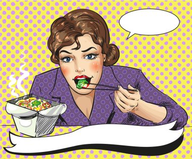 Vector pop art illustration of woman eating takeout food clipart