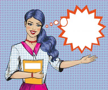 Vektör pop sanat retro tarzı kadınla konuşma balonu