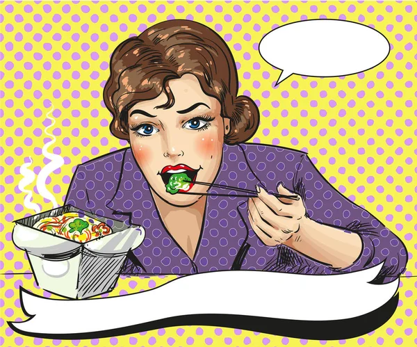 Illustration vectorielle pop art de la femme mangeant des plats à emporter — Image vectorielle