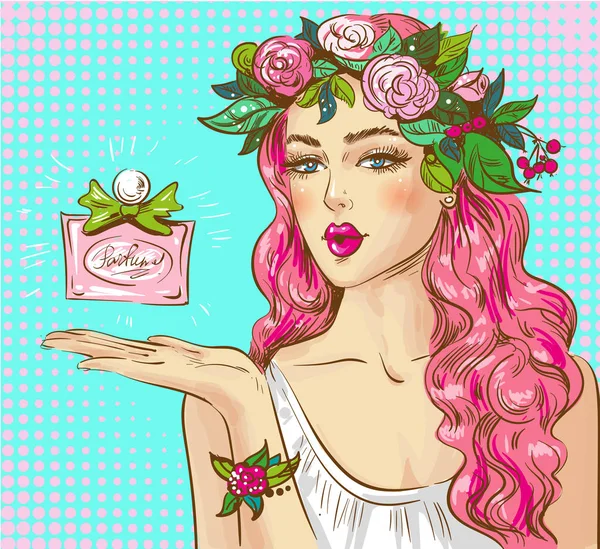 Popart vectorillustratie van vrouw reclame parfum — Stockvector