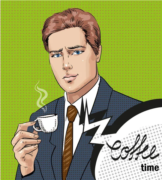 Vektor-Pop-Art-Illustration des Menschen mit Tasse Kaffee — Stockvektor