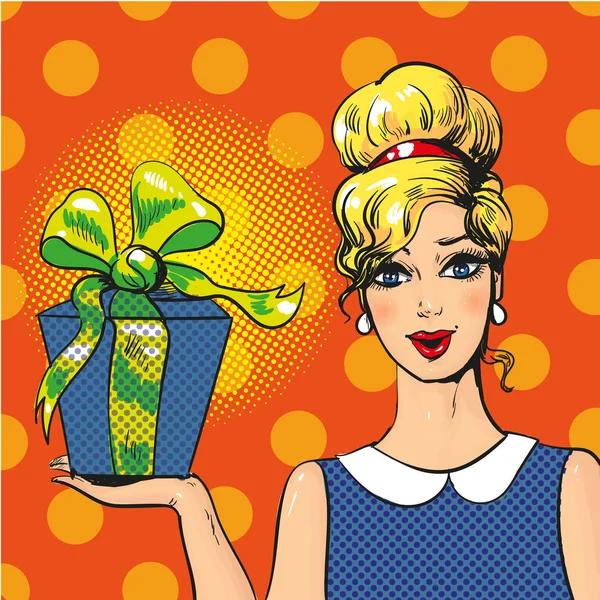 Femme tenant boîte cadeau vecteur pop art illustration — Image vectorielle