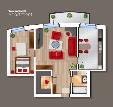 Çift Kişilik Oda in vektör üstten görünüm kat planı. Modern yemek odası, yatak odası ve banyo mobilya ile iç