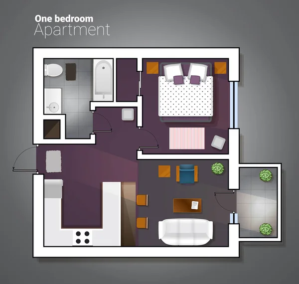 Vector vista superior ilustração do moderno apartamento de um quarto. Plano arquitetônico detalhado da sala de jantar combinada com cozinha, banheiro, quarto. Interior da casa — Vetor de Stock