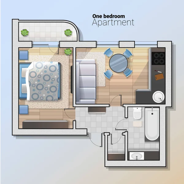 Illustrazione vettoriale vista dall'alto del moderno appartamento con una camera da letto. Dettagliato piano architettonico della sala da pranzo combinato con cucina, bagno, camera da letto. Interni domestici — Vettoriale Stock