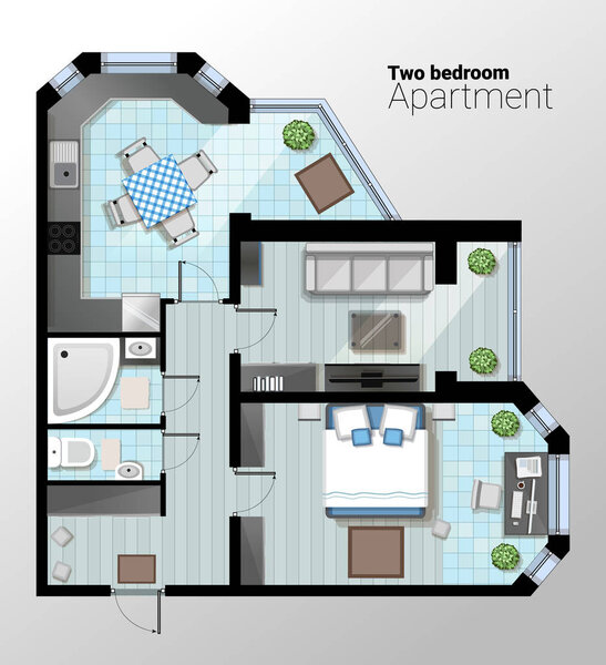 Vector top view illustration of modern two bedroom apartment. Detailed architectural plan of dining room combined with kitchen, bathroom, bedroom. Home interior