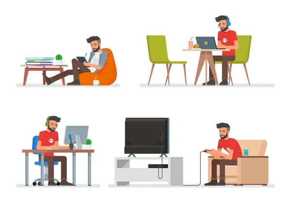 Conjunto vectorial de personajes de personajes de dibujos animados en diseño de estilo plano. Hipster man jugando videojuegos, leyendo libros electrónicos y trabajando con la computadora. Personas iconos aislados — Vector de stock