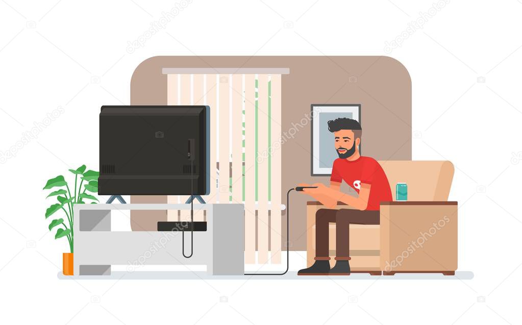 Smiling man playing video game console at home. Vector illustration with the hipster guy sits on sofa, holds game controller and watches TV. Room interior in flat style design