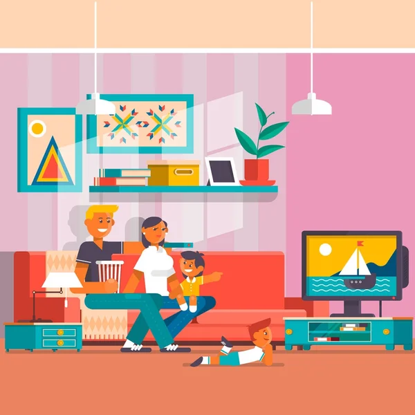 Šťastná rodina sleduje televizi vektorové ilustrace plochý — Stockový vektor