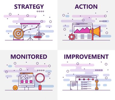 Vektör ince çizgi düz tasarım eylem planı kavramı afiş