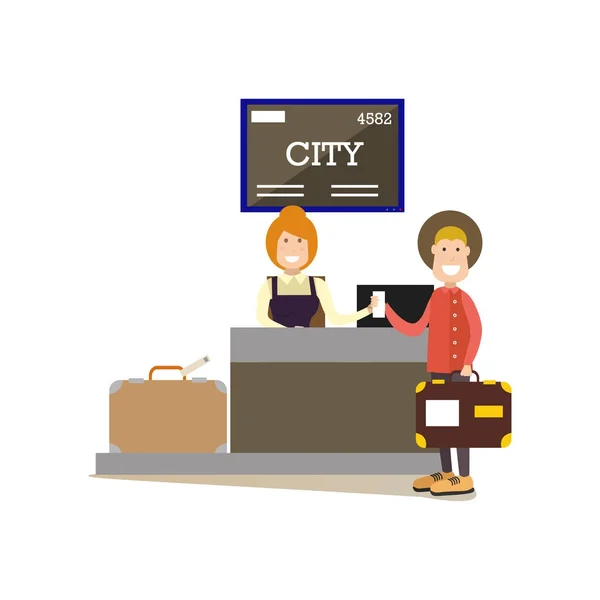 Aeropuerto check-in vector ilustración en estilo plano — Vector de stock