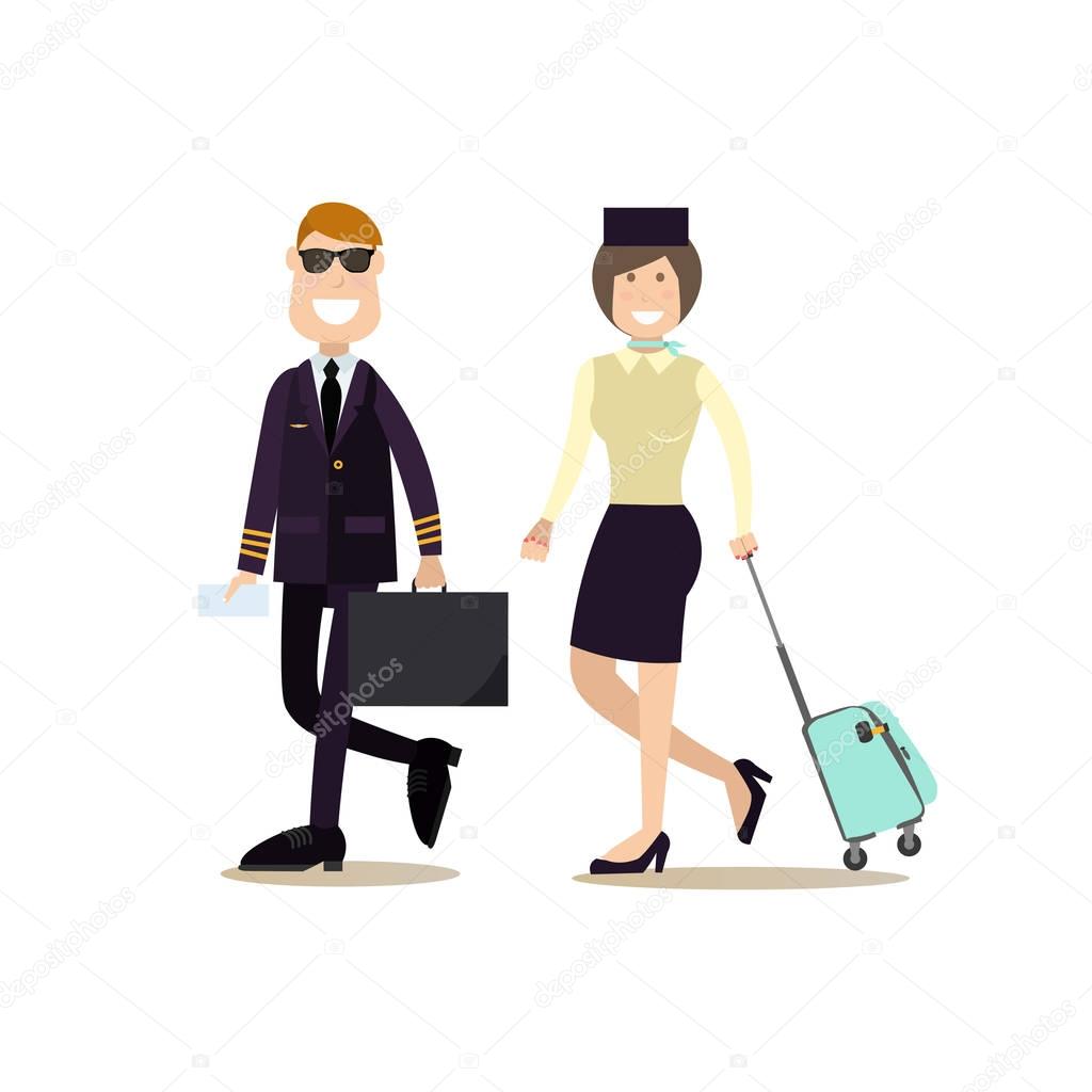 Vector illustration of pilot and stewardess in flat style