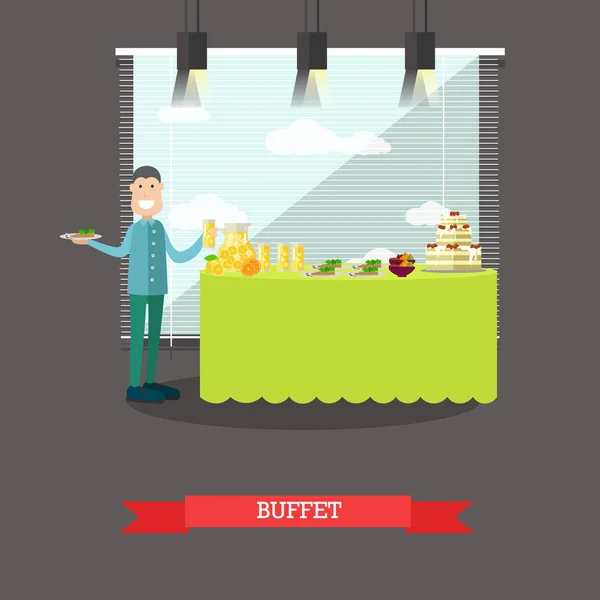 Hotel ontbijtbuffet vectorillustratie in vlakke stijl — Stockvector