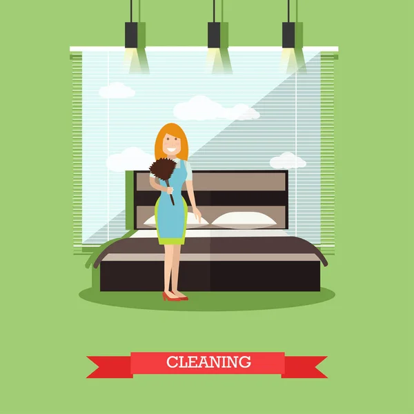 Ilustración del vector de limpieza del hotel en estilo plano — Vector de stock