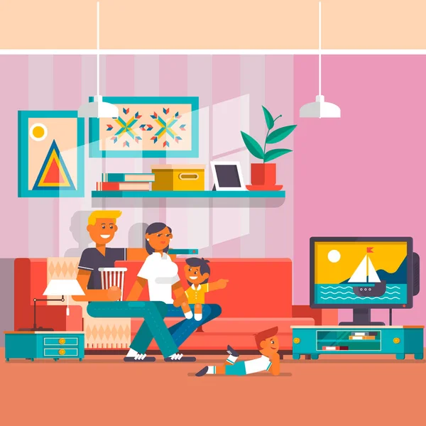 Happy family watching tv vector flat illustration — Stock Vector