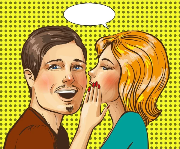 Illustration vectorielle pop art de couple heureux chuchotant — Image vectorielle