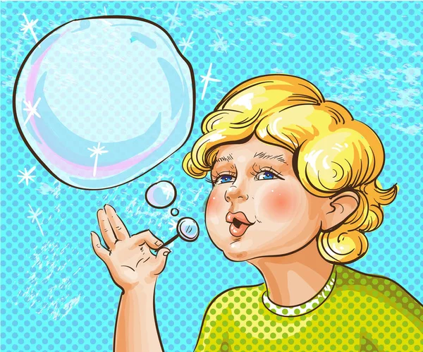 Ilustracja wektorowa sztuki pop cute Kid dmuchanie baniek — Wektor stockowy