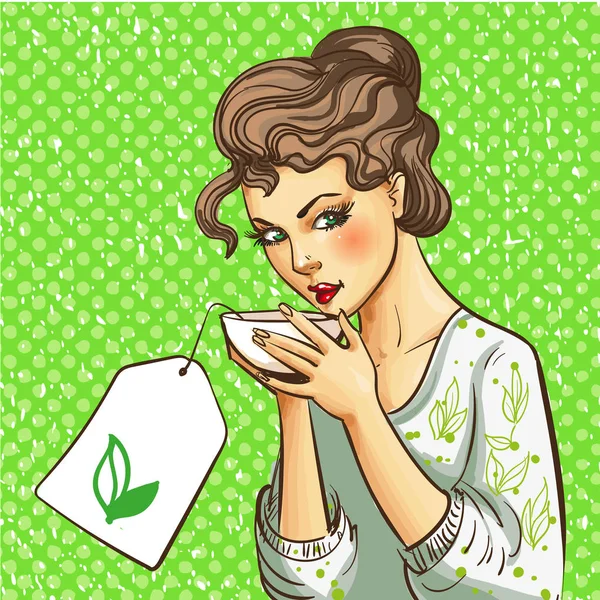 Ilustración de arte pop vectorial de mujer con taza de té — Archivo Imágenes Vectoriales