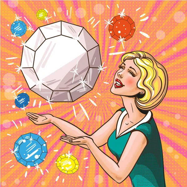 Vector vintage pop art illustration of woman with gemstones — Stock Vector